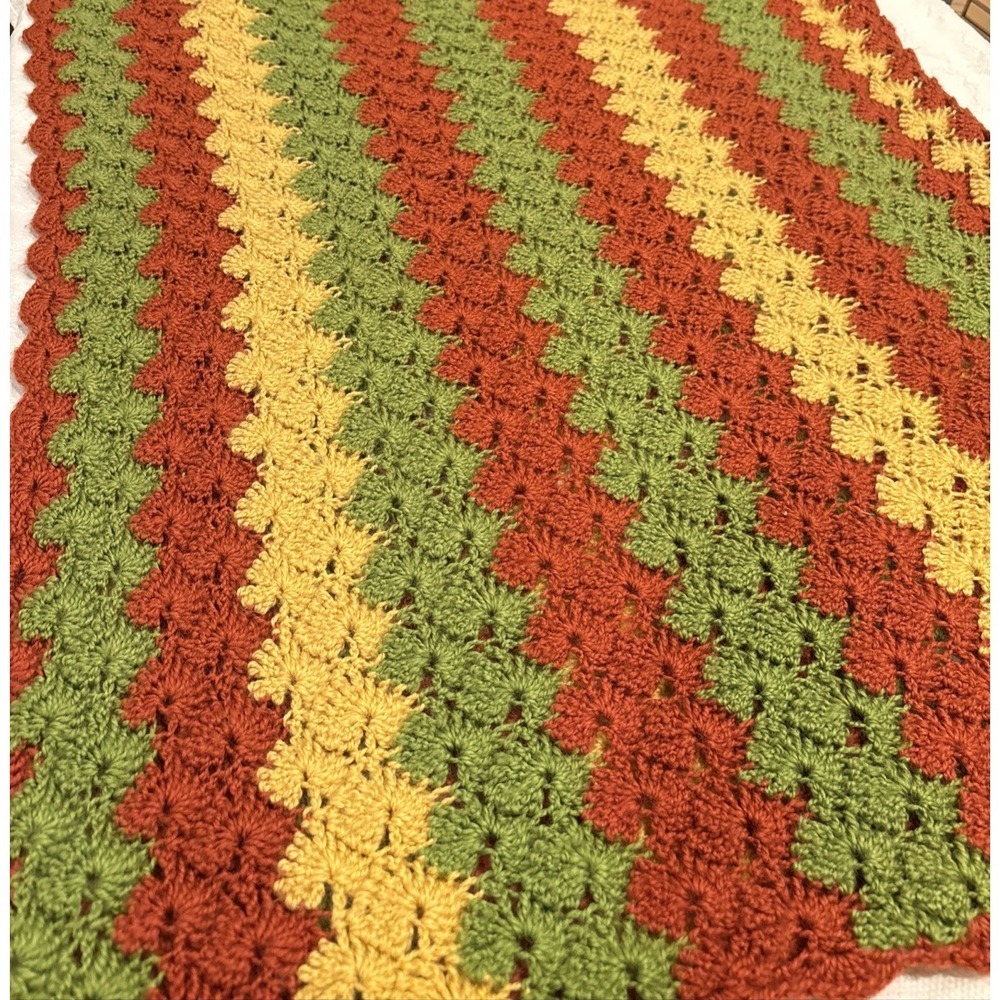 VTG Afghan Throw Retro 70s Crochet Yellow Green Red Boho Stripe Blanket 34x61"